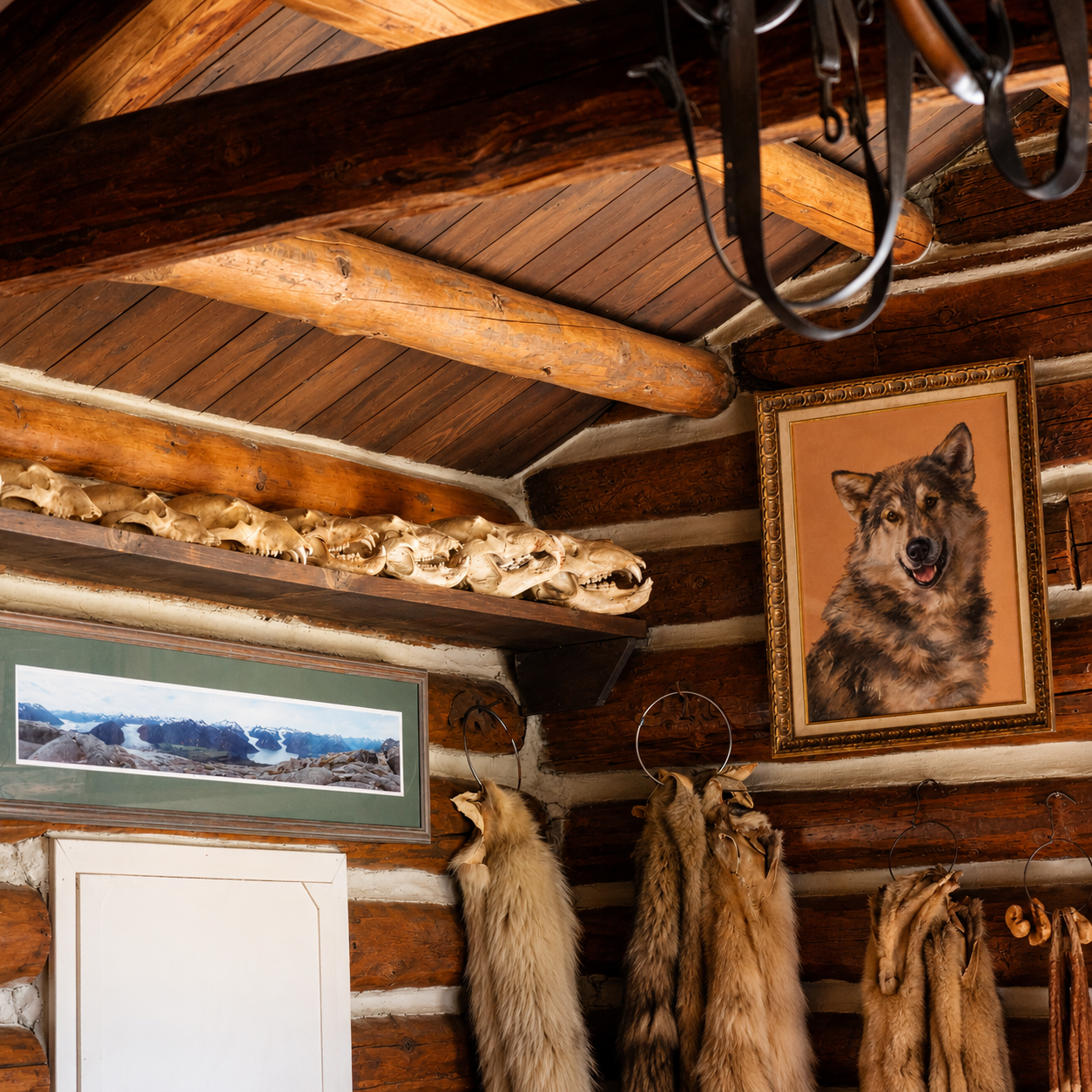 Rustic interior of Taku Glacier Lodge with a wolf portrait and animal decor on the walls