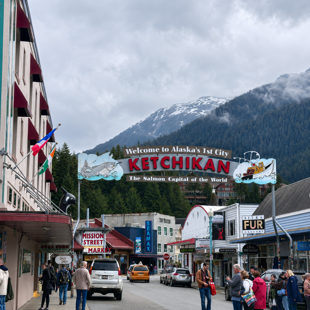 Welcome to Ketchikan sign at the downtown Alaska cruise port
