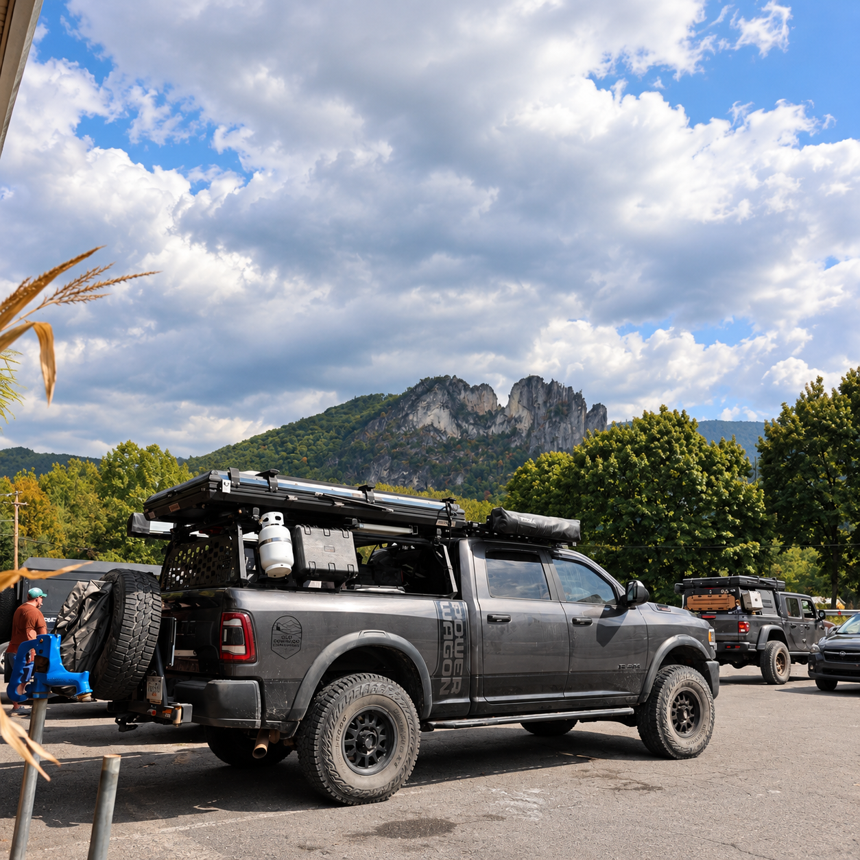 Overland Power Wagon parked beneath the sandstone fins of Seneca Rocks in the Monongahela National Forest, West Virginia