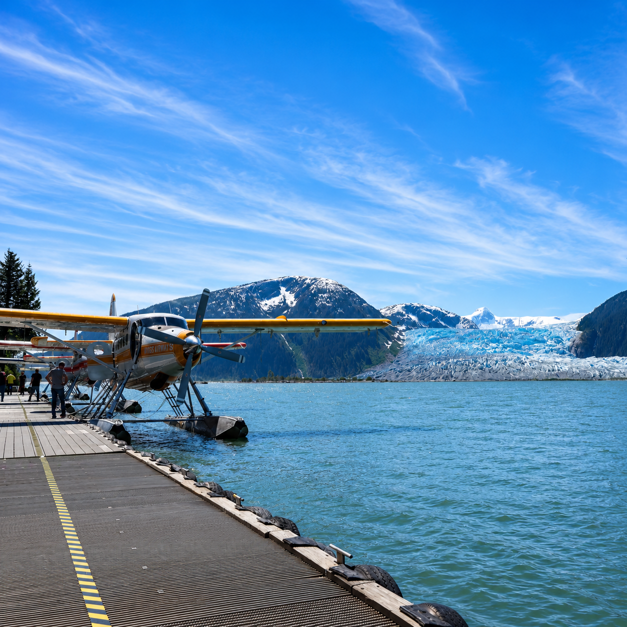 Seaplane dock at Taku Glacier Lodge with a glacier and mountains in view after landing on the Taku River in Alaska