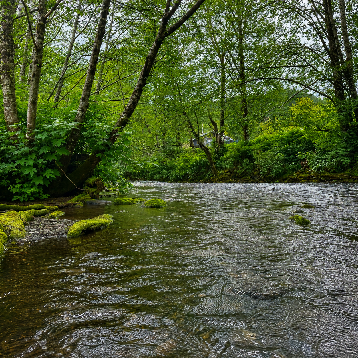 Forest walk along the salmon creek past the salmon ladder in Ketchikan Alaska