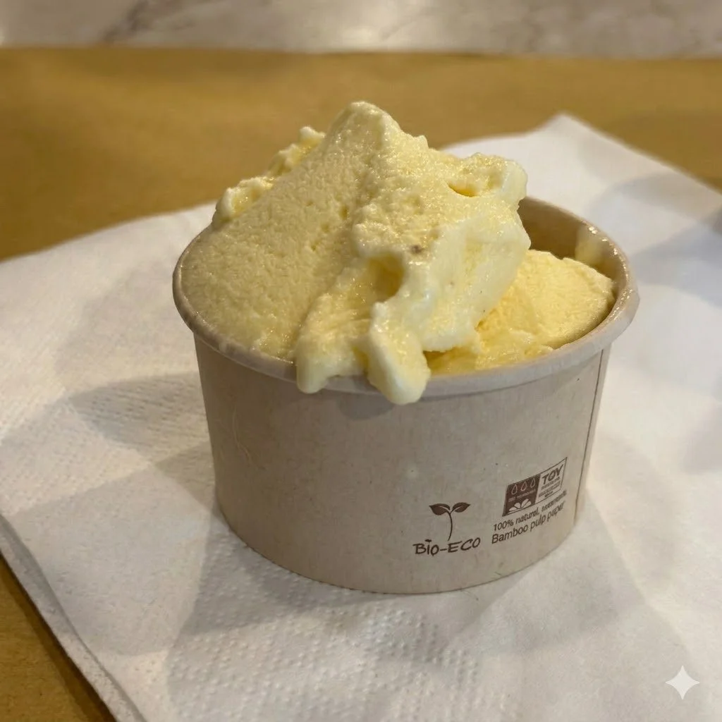 Freshly made cream gelato served in a sustainable Bio-Eco bamboo cup at Verona gelato class