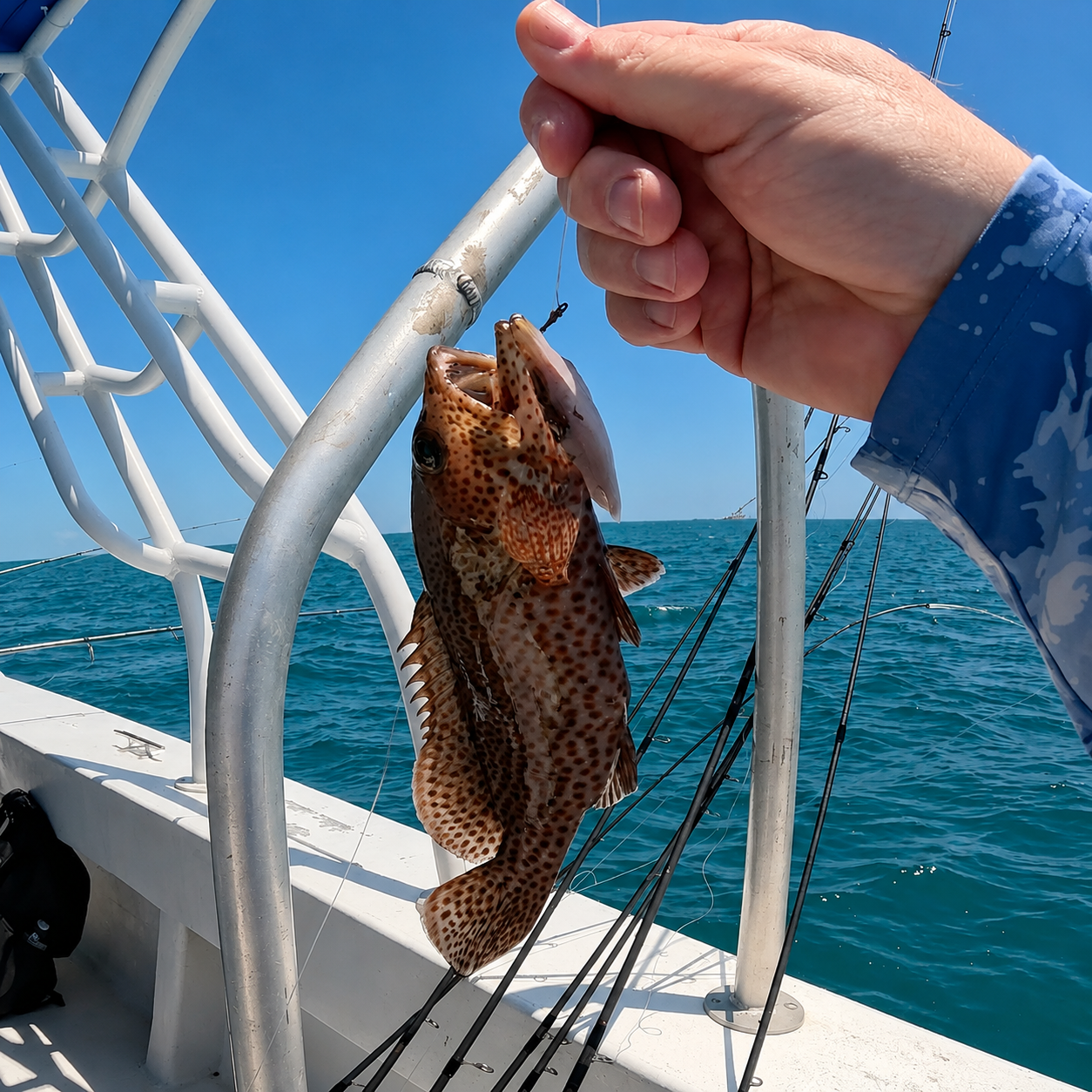 Holding up a yellowtail snapper caught while bottom fishing over the Belize Barrier Reef on Royal Caribbean Western Caribbean cruise excursion