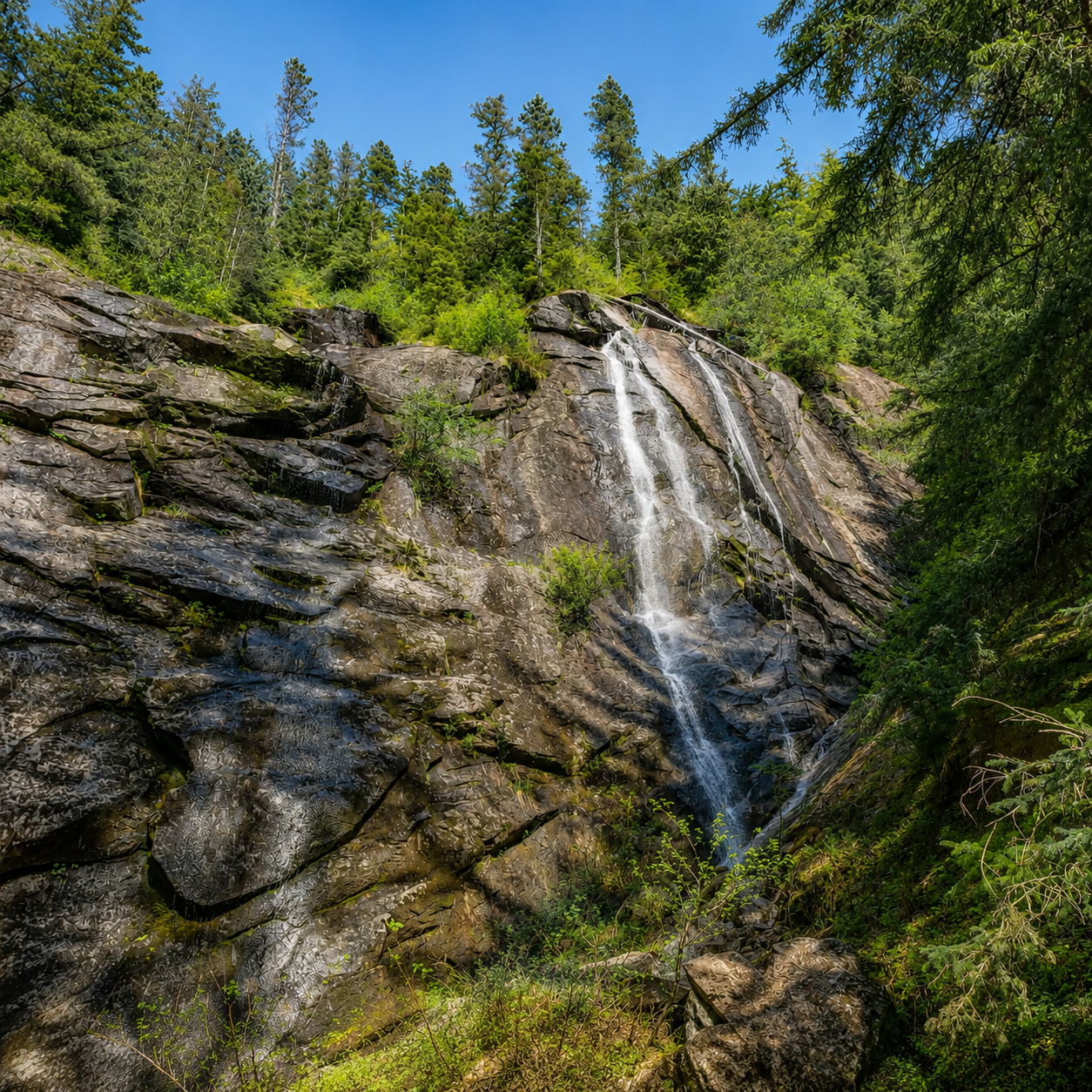 Forest waterfall along the guided nature trail behind Taku Glacier Lodge in Alaska