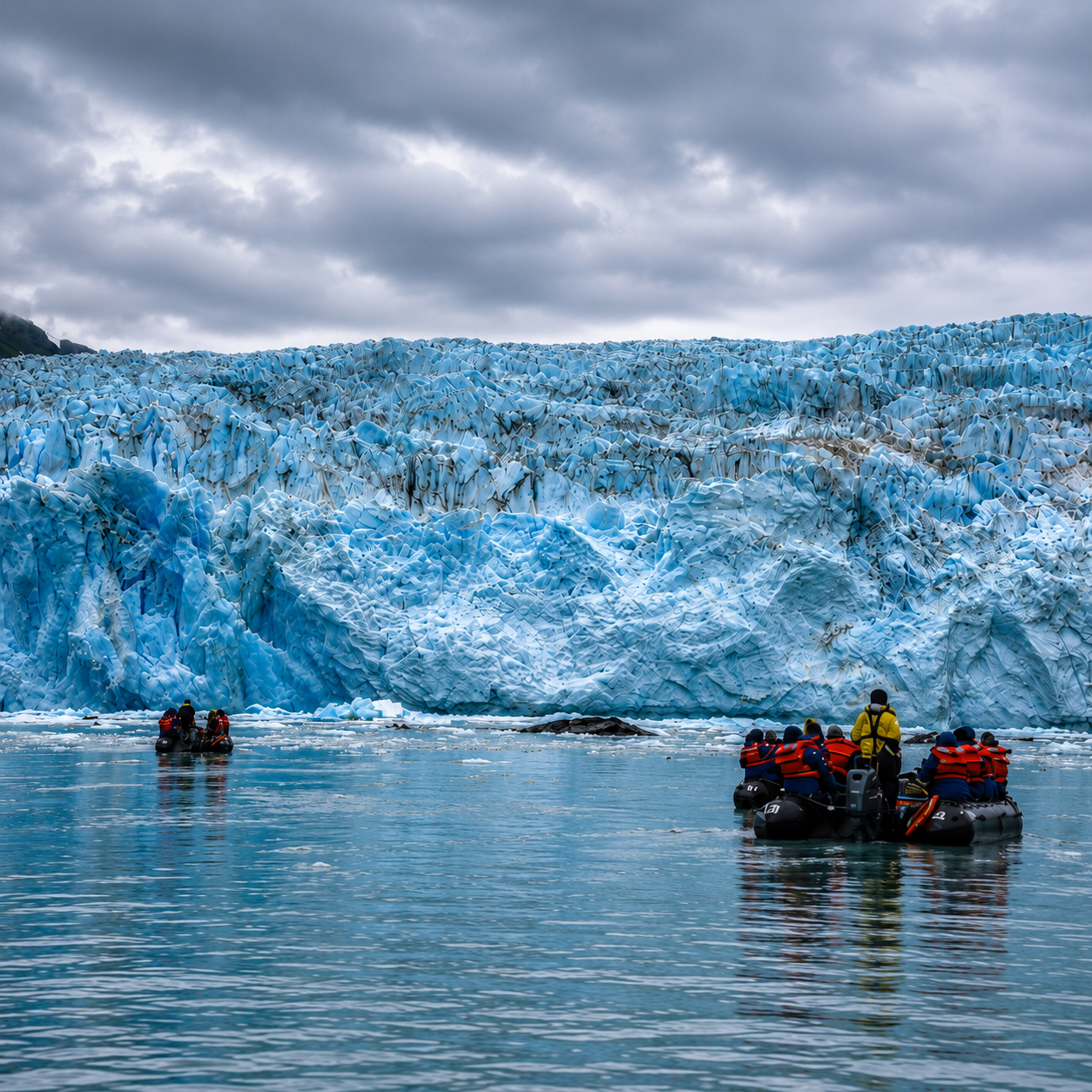 Zodiacs approaching a tidewater glacier wall in College Fjord, Prince William Sound, Alaska