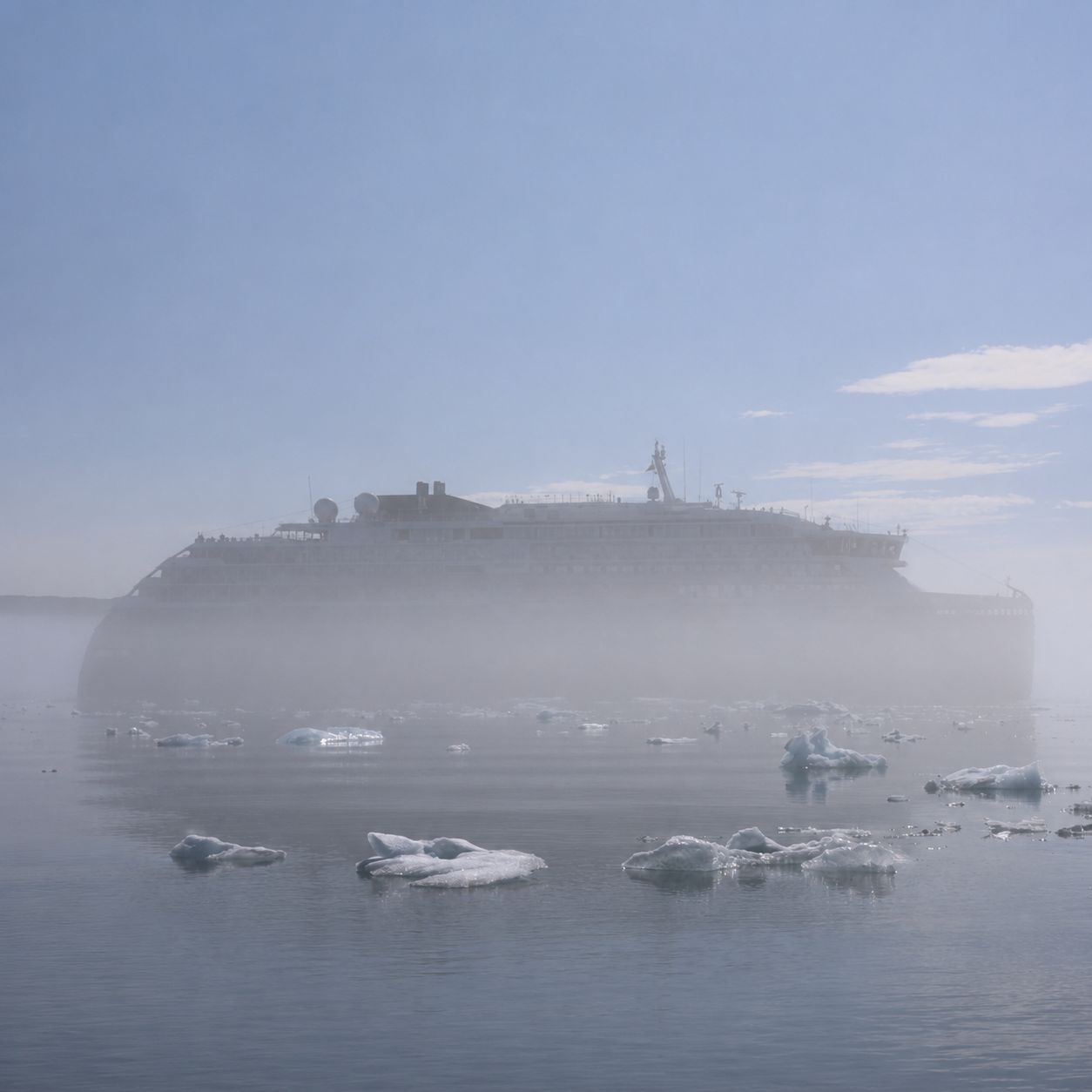 MS Roald Amundsen almost covered in fog in Icy Bay Alaska