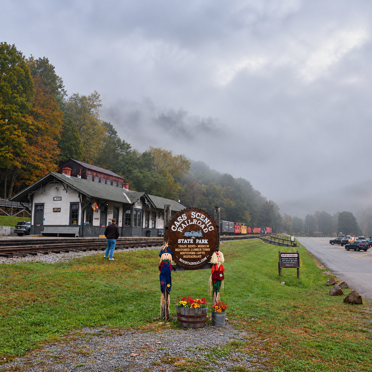 Cass Scenic Railroad depot on a foggy morning in Cass, West Virginia