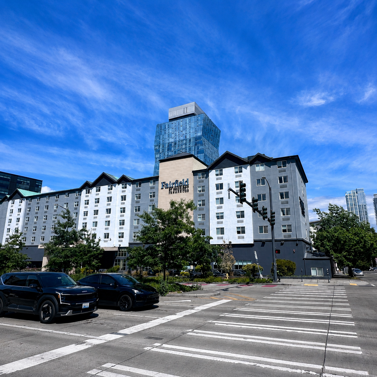 Fairfield Inn and Suites Seattle Downtown Seattle Center hotel exterior near the Space Needle