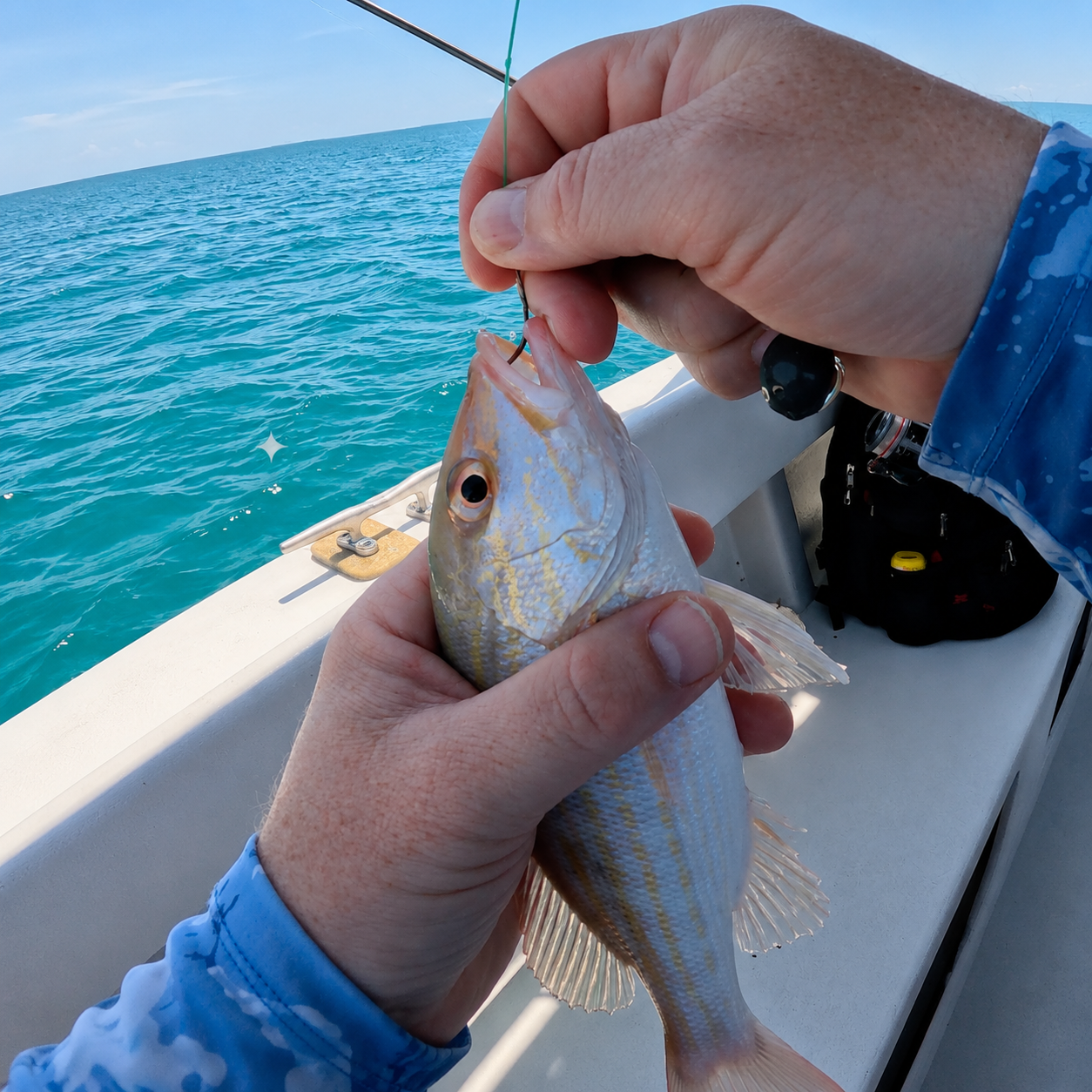 Taking a yellowtail snapper off the hook during the Belize Reef Fishing and Cook Your Catch excursion