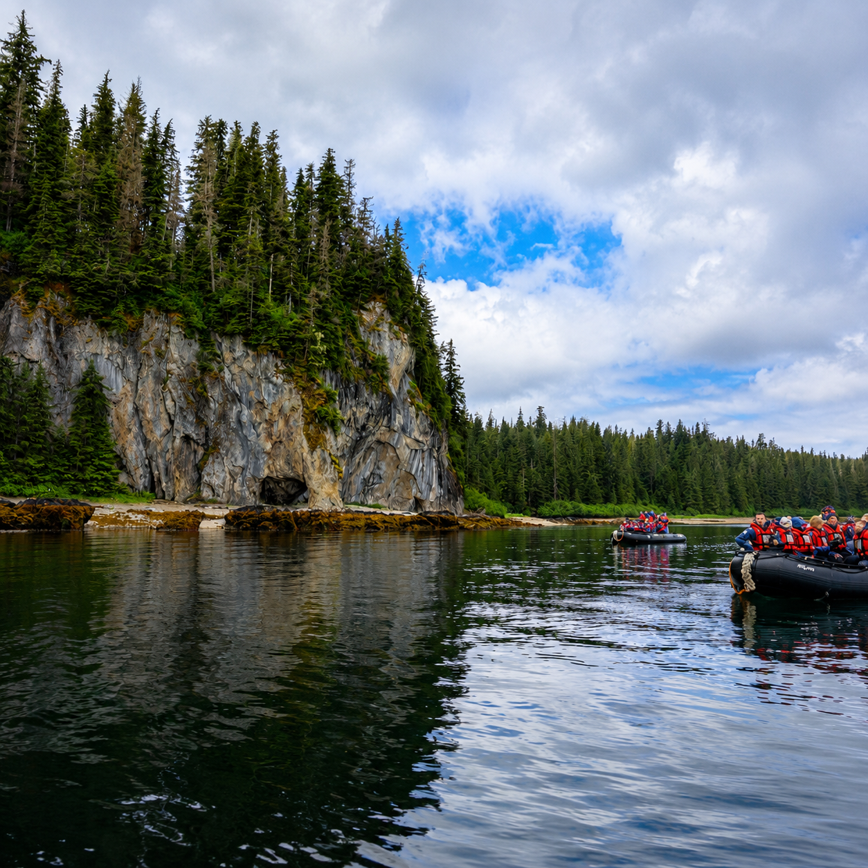 Zodiac excursion along rock cliffs in Southeast Alaska