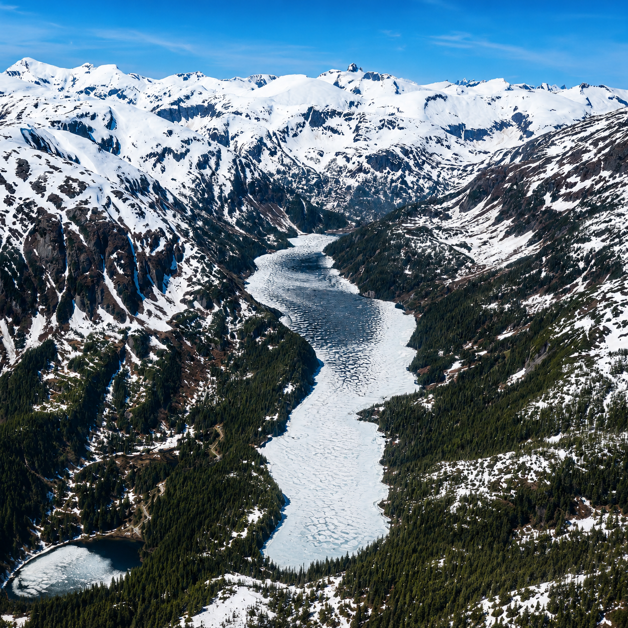 Aerial view of a snow-covered mountain valley and frozen lake on the Taku Lodge seaplane flight near Juneau, Alaska
