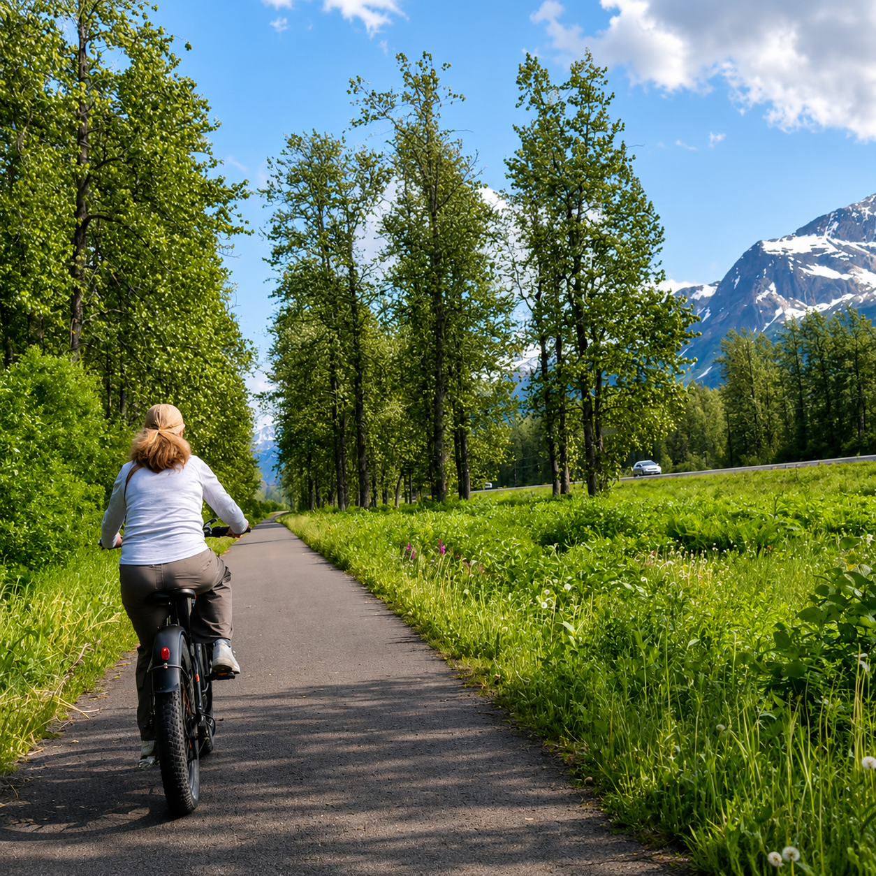 April riding an electric bike to Solomon Gulch Hatchery near Valdez Alaska