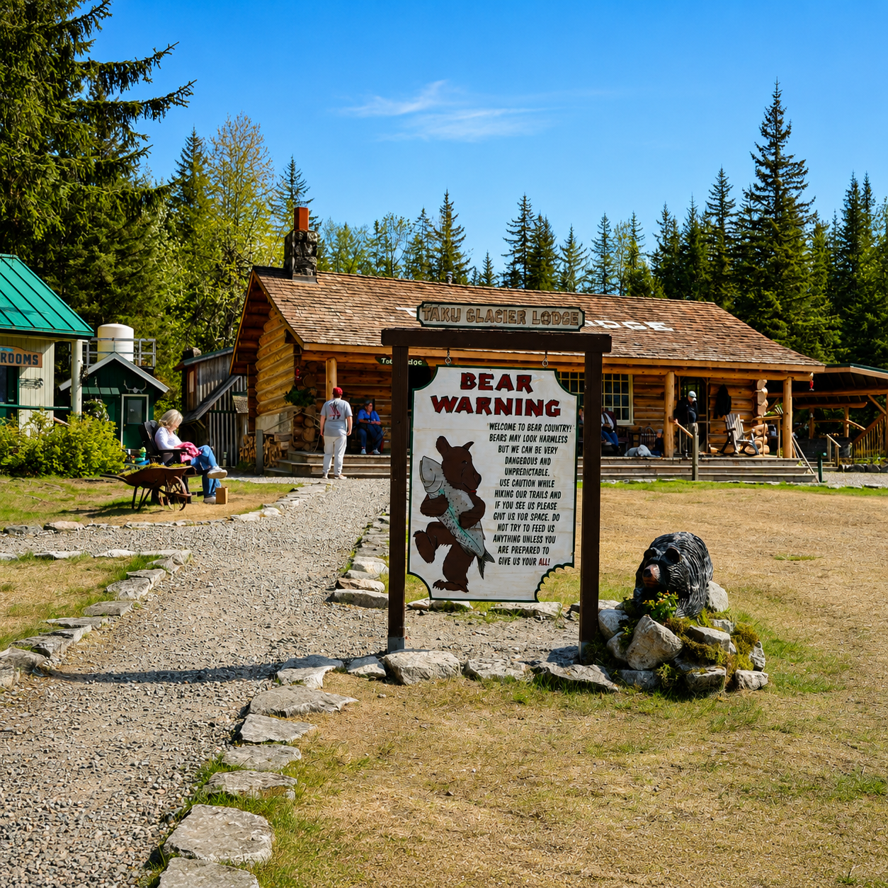 Bear warning sign posted at Taku Glacier Lodge, Alaska