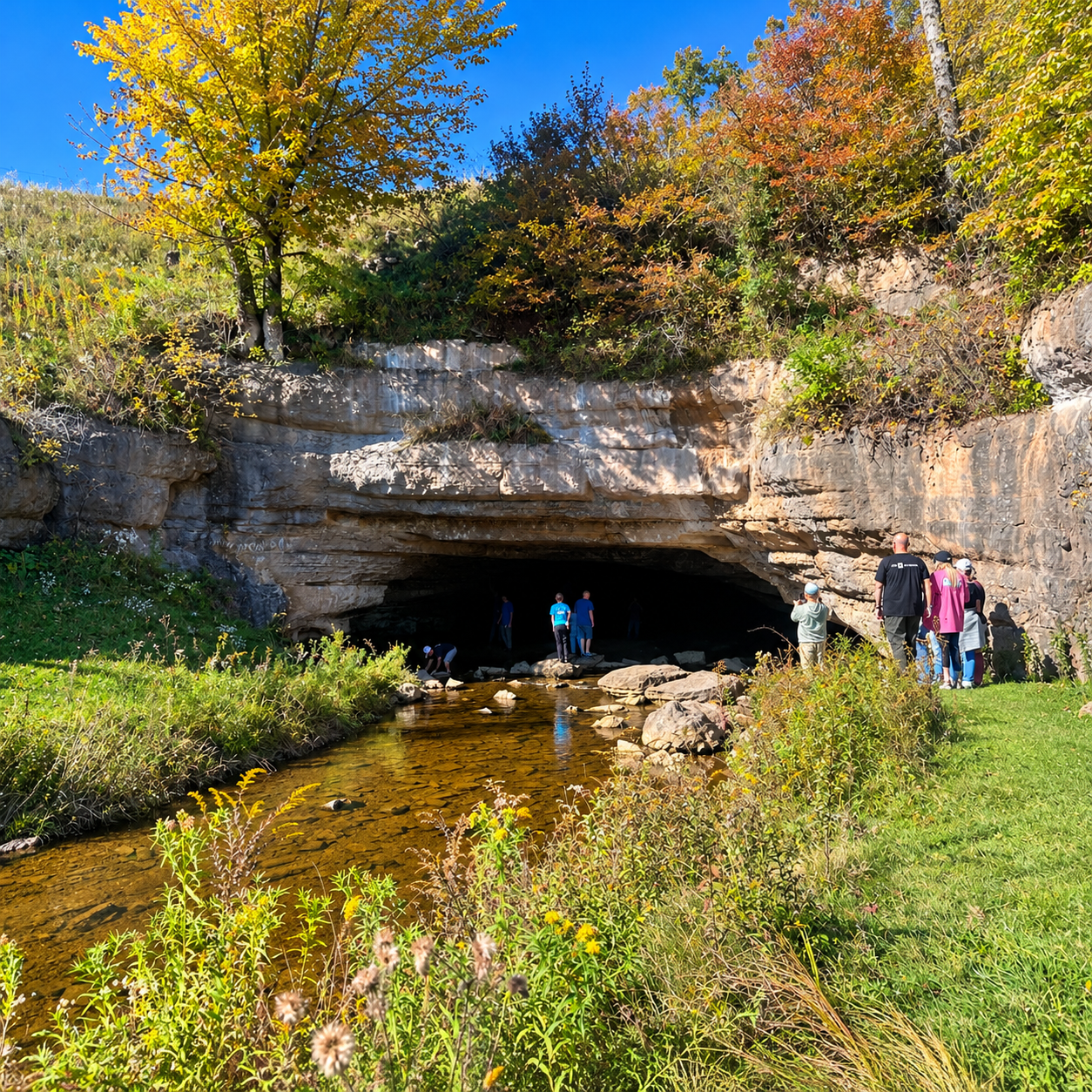 Gandy Creek flowing through fall foliage into the limestone cave entrance at the Sinks of Gandy, West Virginia