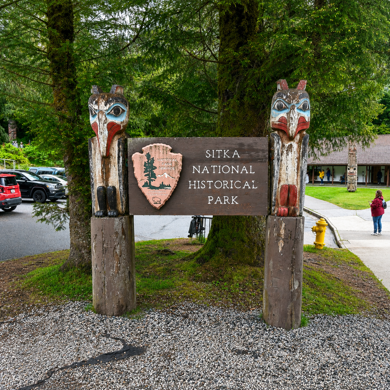 Entrance sign and totem at Sitka National Historical Park Alaska