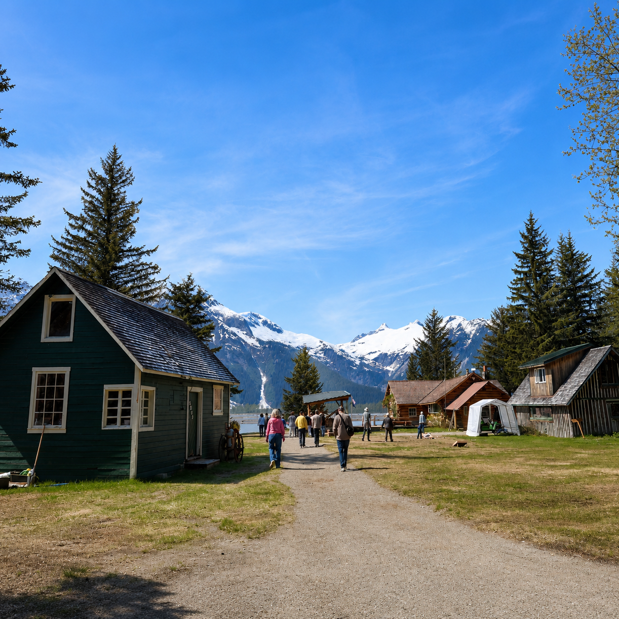 Walking trail behind Taku Glacier Lodge leading through the grounds with mountains in the background, Alaska