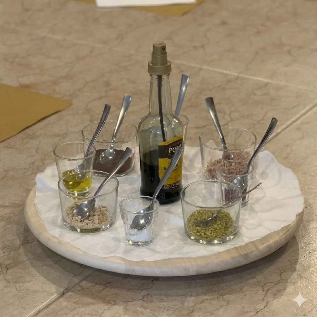 Gelato toppings tray in Verona Italy class including olive oil balsamic and various nuts and seeds