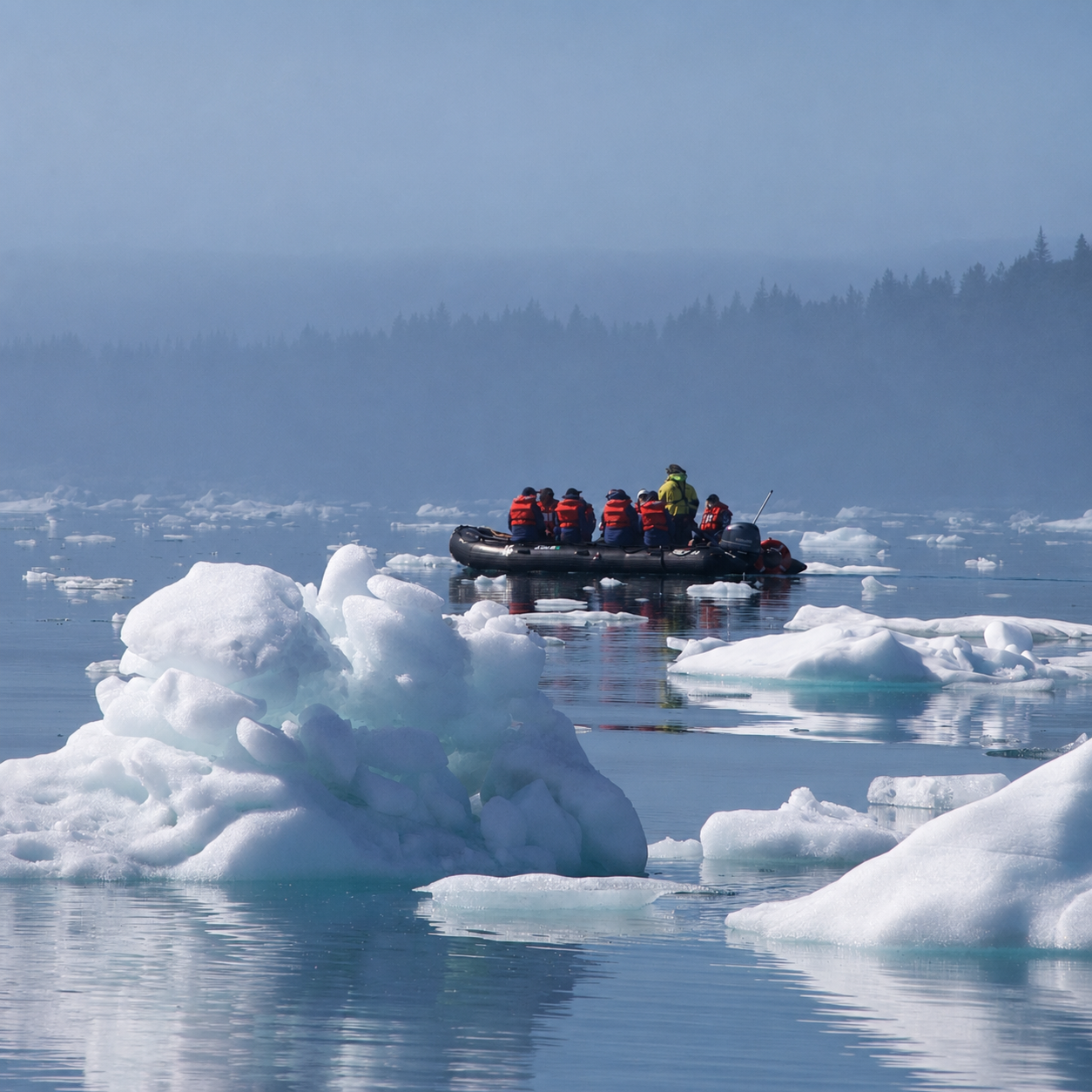Zodiacs moving through fog in Icy Bay Alaska
