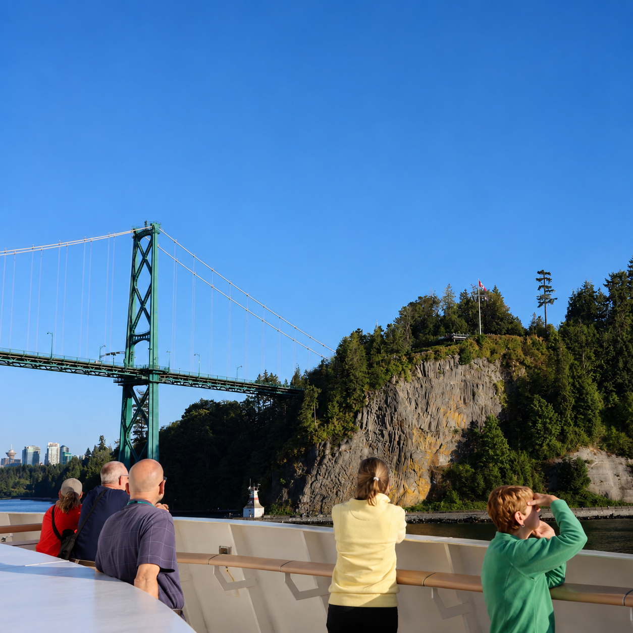 MS Roald Amundsen passing under a bridge leaving Vancouver harbor