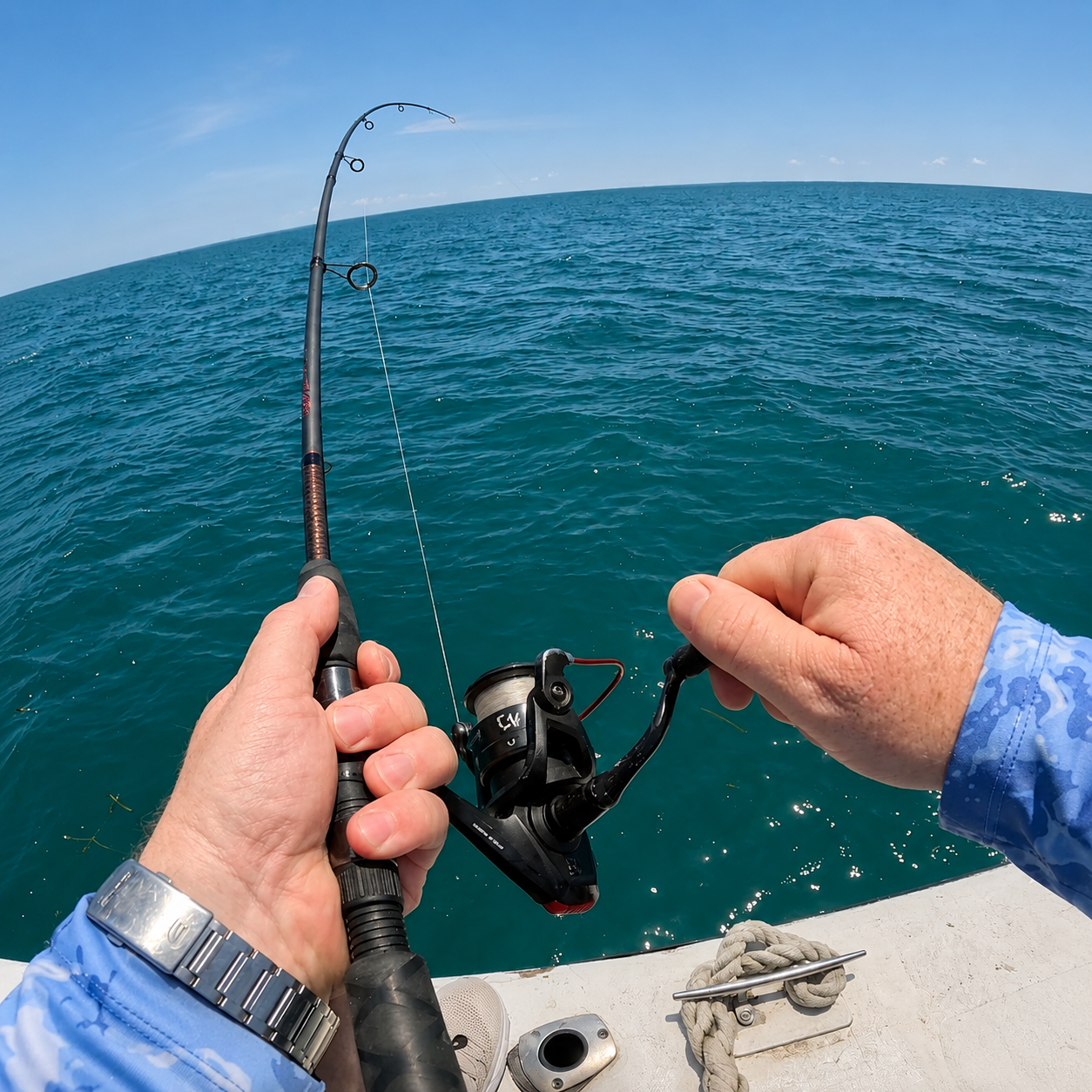 Fishing pole bent with fish on the line while bottom fishing over the Belize Barrier Reef on Royal Caribbean excursion
