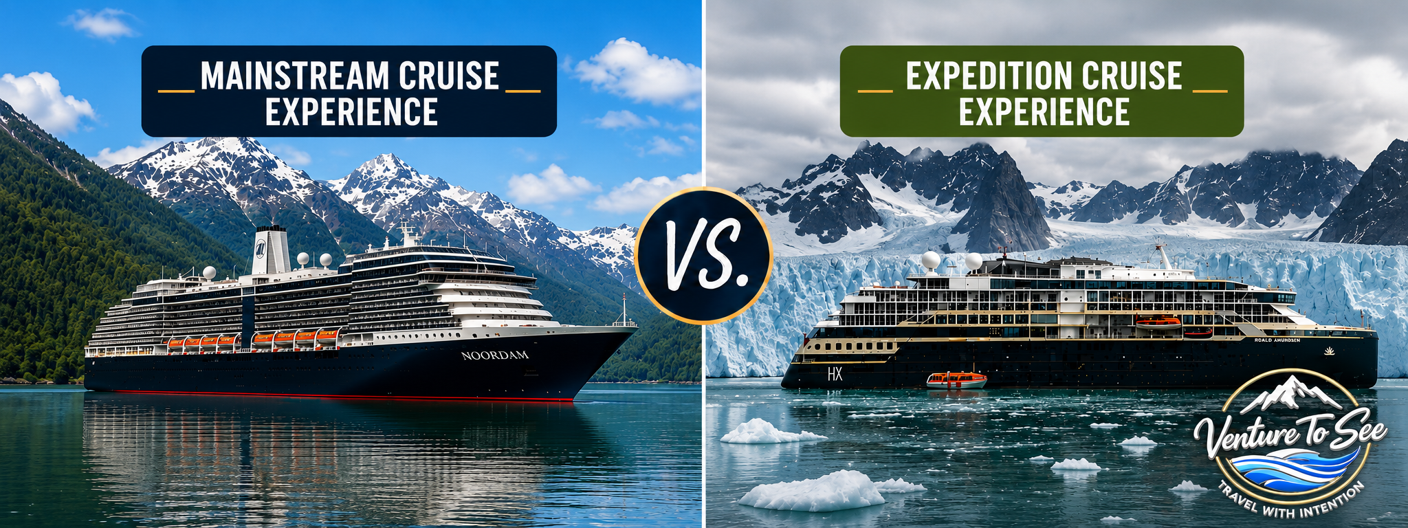 Alaska cruise comparison: Holland America Noordam mainstream ship versus HX Expeditions MS Roald Amundsen expedition ship — Venture To See