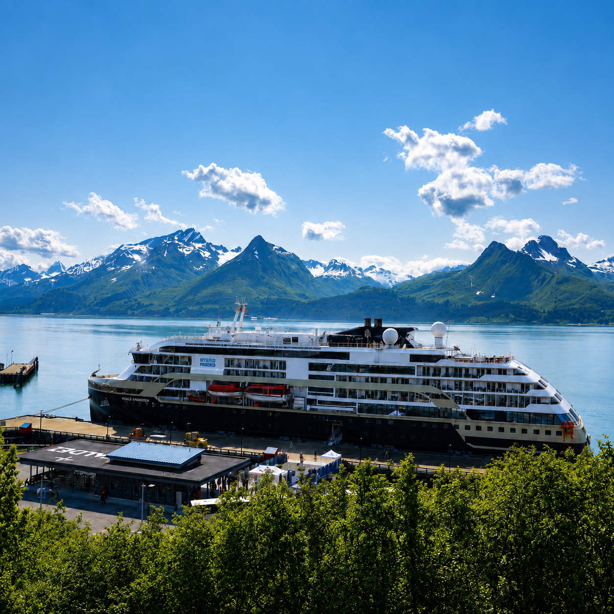 MS Roald Amundsen docked at Valdez, Alaska, with mountains behind