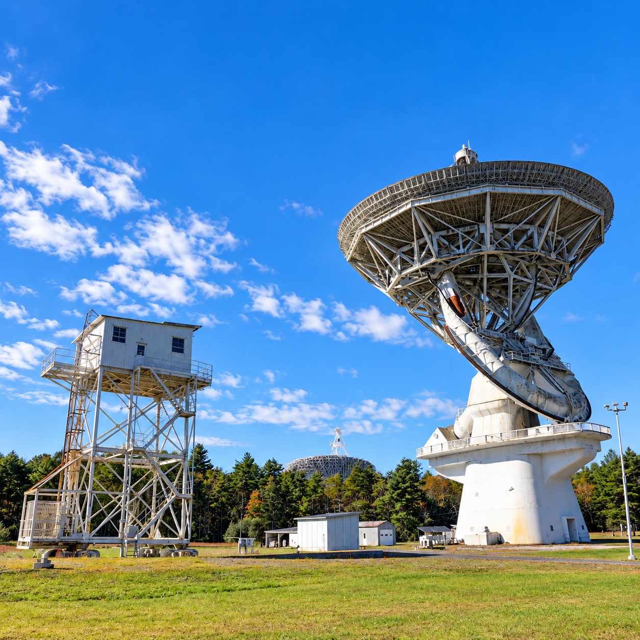 Radio astronomy telescope dish under a clear blue sky on the grounds of Green Bank Observatory, West Virginia