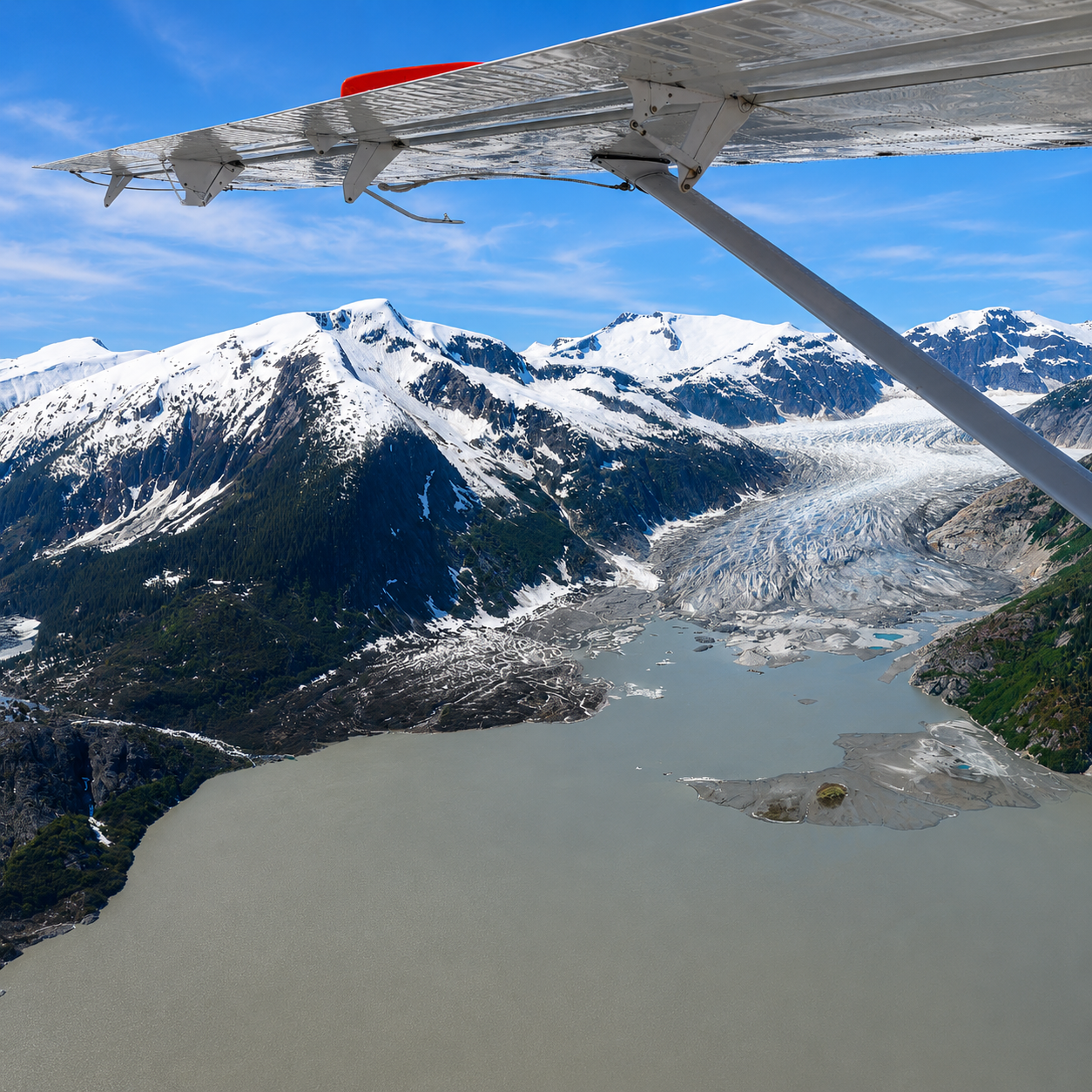 Glacier and mountain landscape seen from a seaplane window on the five-glacier flightseeing route to Taku Lodge, Alaska