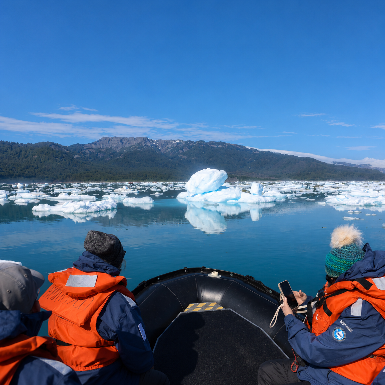 Zodiacs approaching floating ice in Icy Bay Alaska