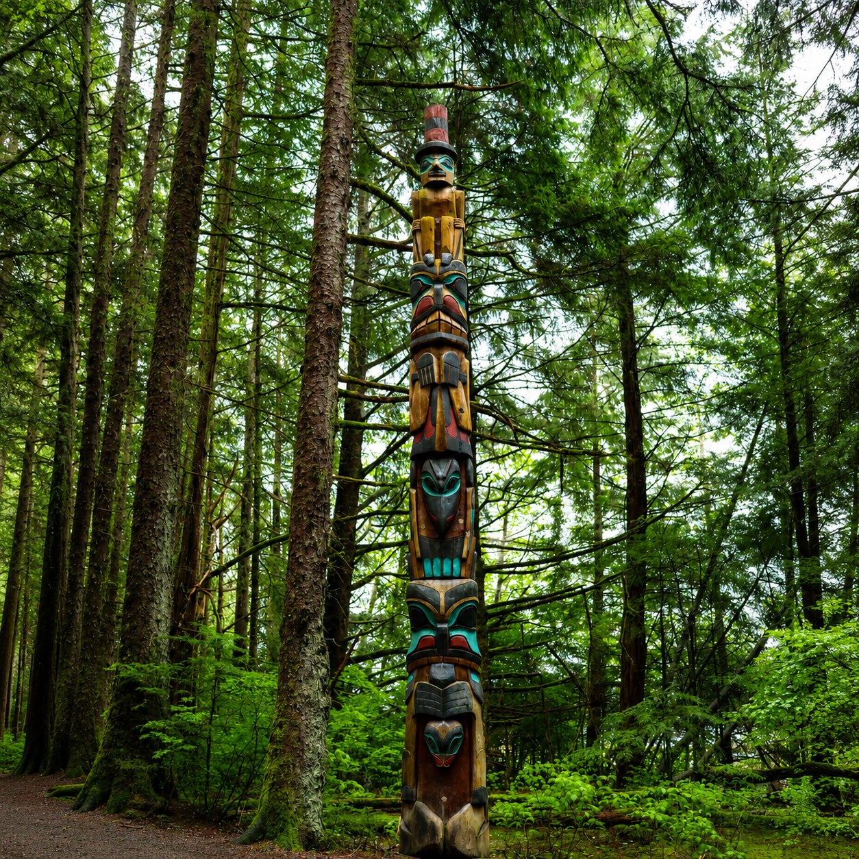 Totem pole along a forest trail in Sitka National Historical Park Alaska