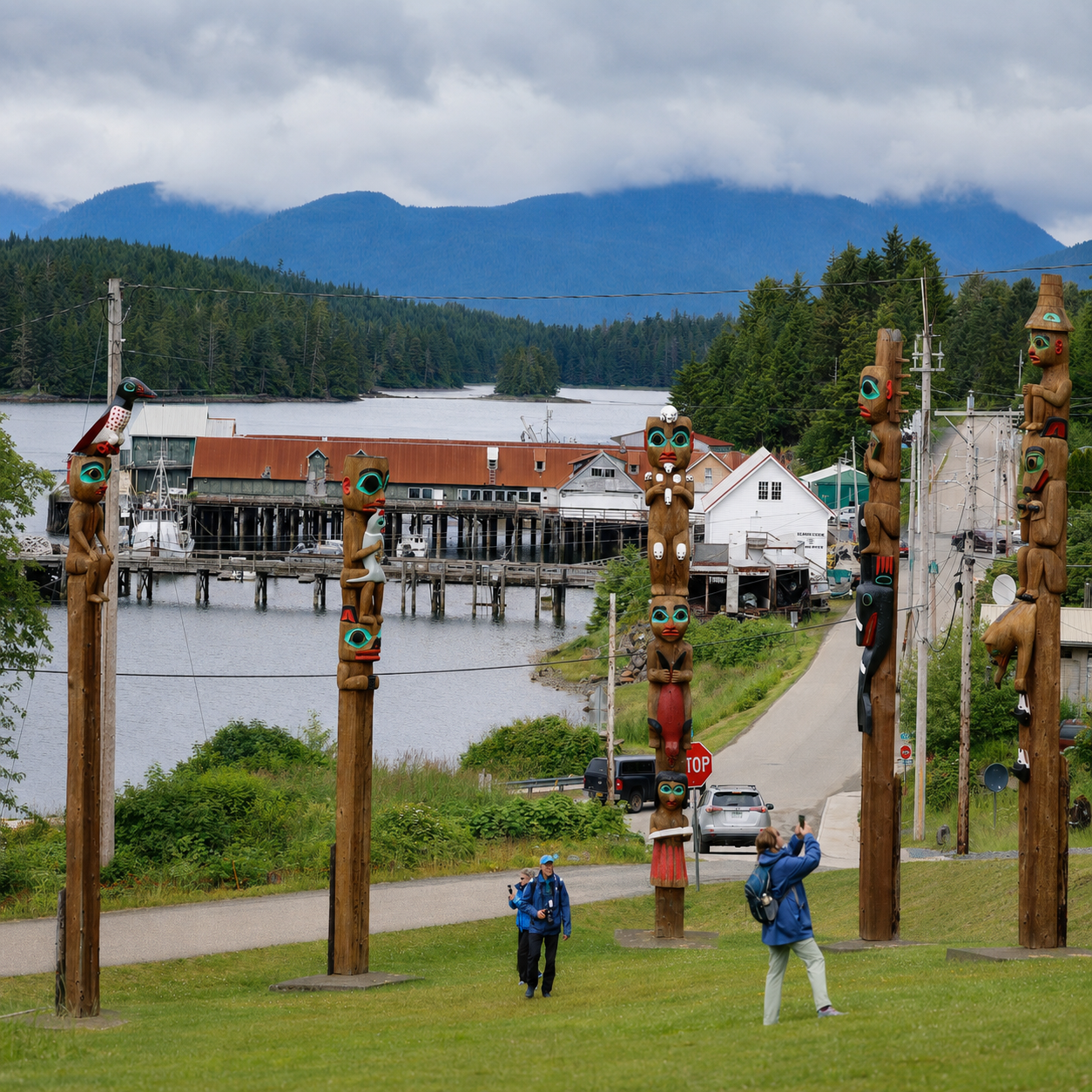 Totem poles overlooking the harbor at Klawock, Alaska