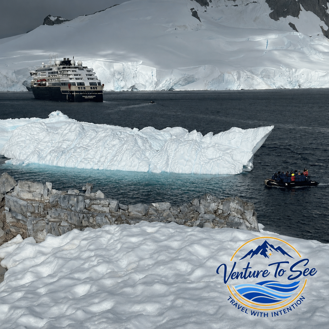Antarctica expedition cruise zodiac near iceberg
