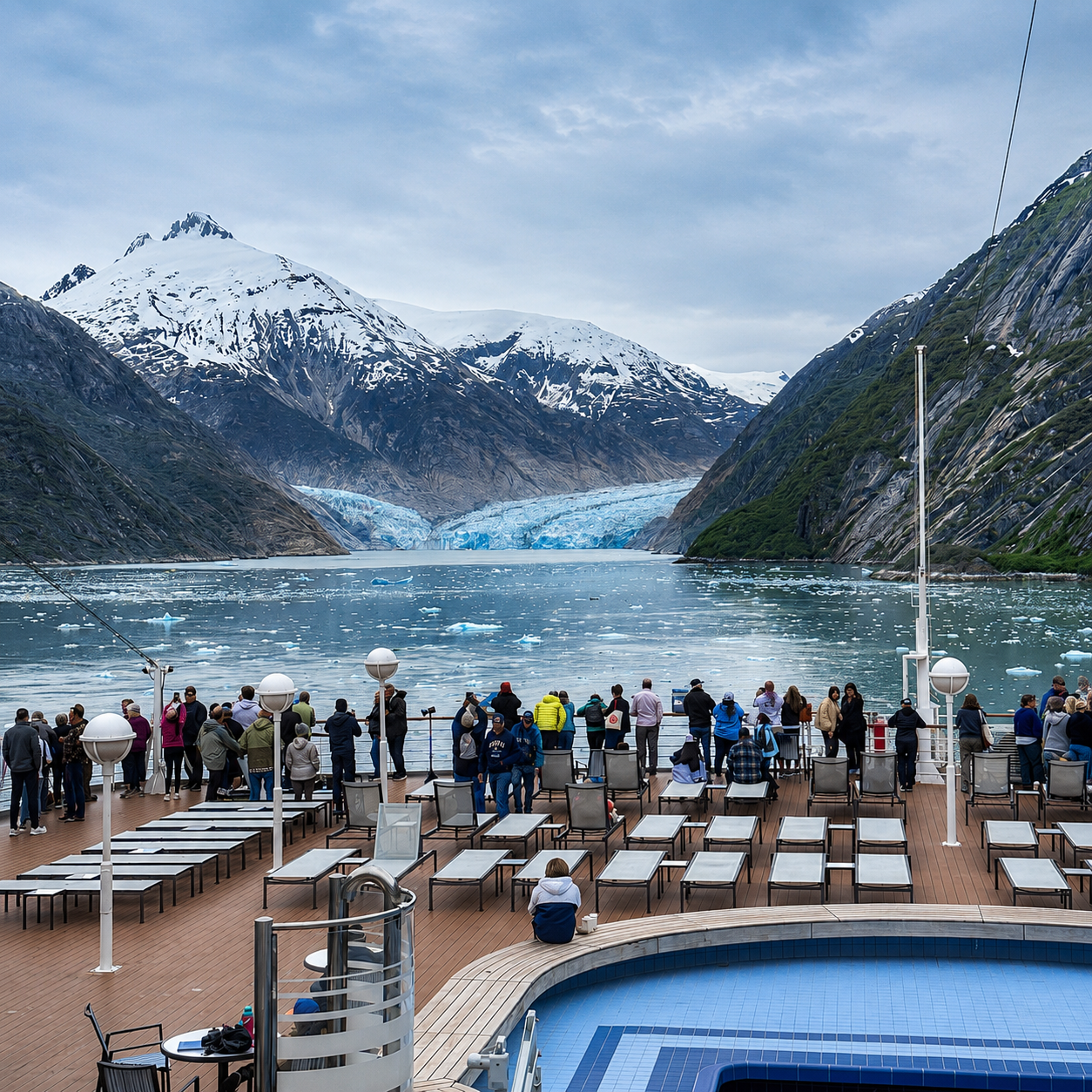 Dawes Glacier and Endicott Arm seen from the deck of Holland America Noordam in Alaska