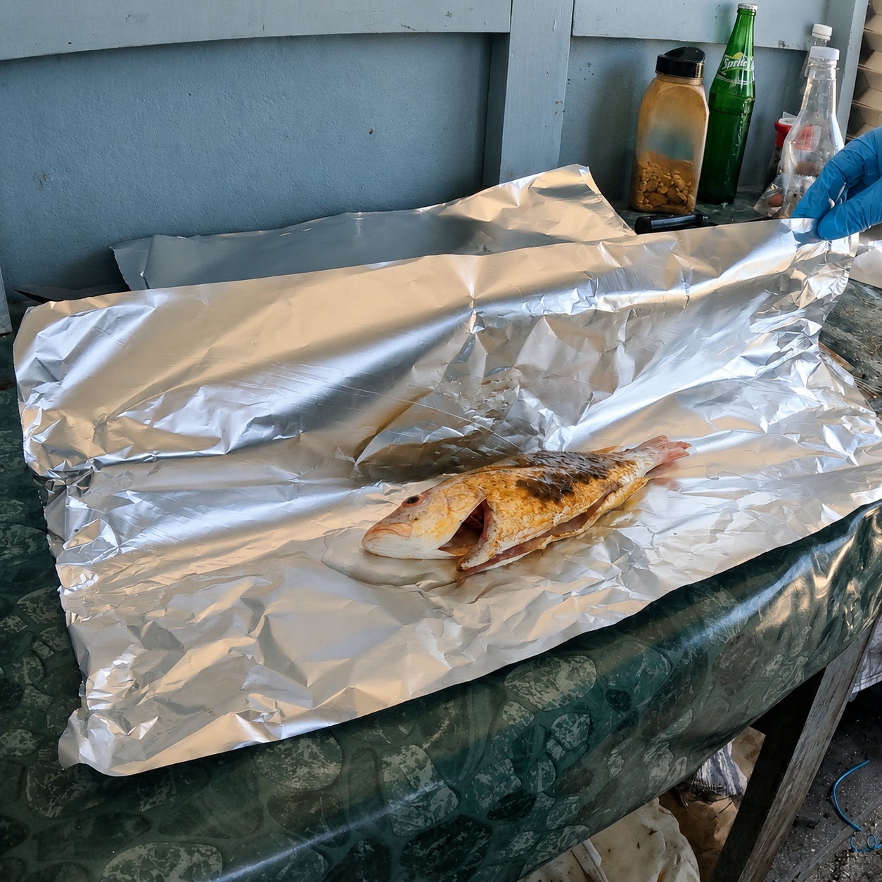 Open-air charcoal BBQ pit at Rendezvous Island Belize with foil-wrapped fresh-caught fish cooking on coals