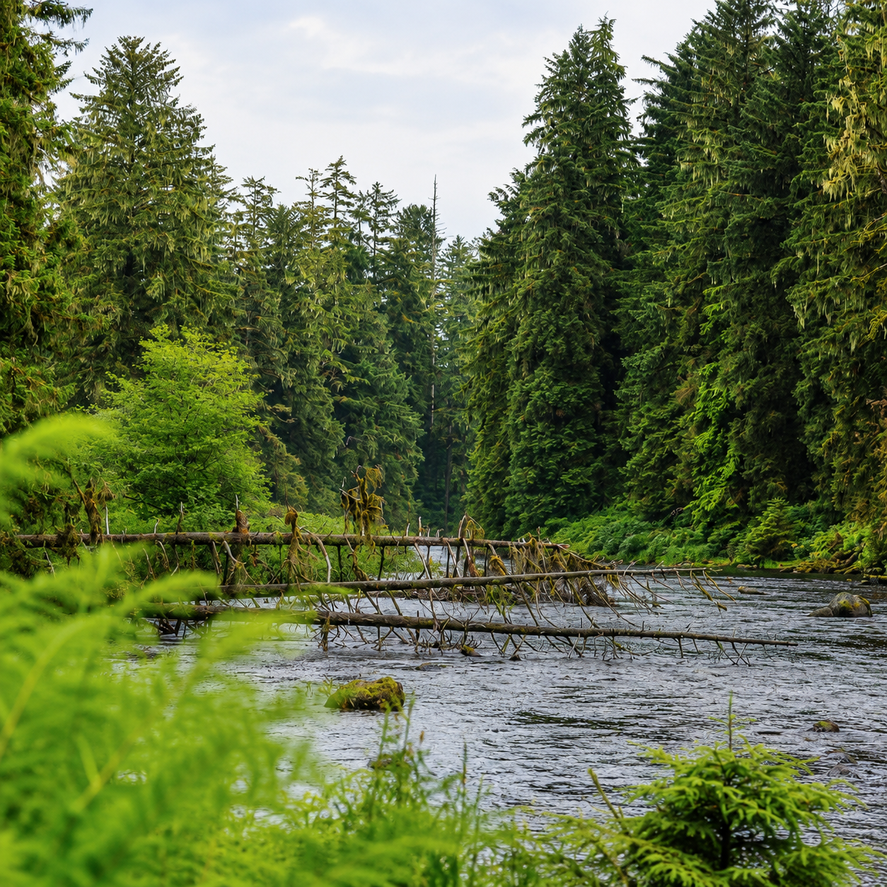 Rainforest and river setting at the Coastal Flavors of Klawock dining venue