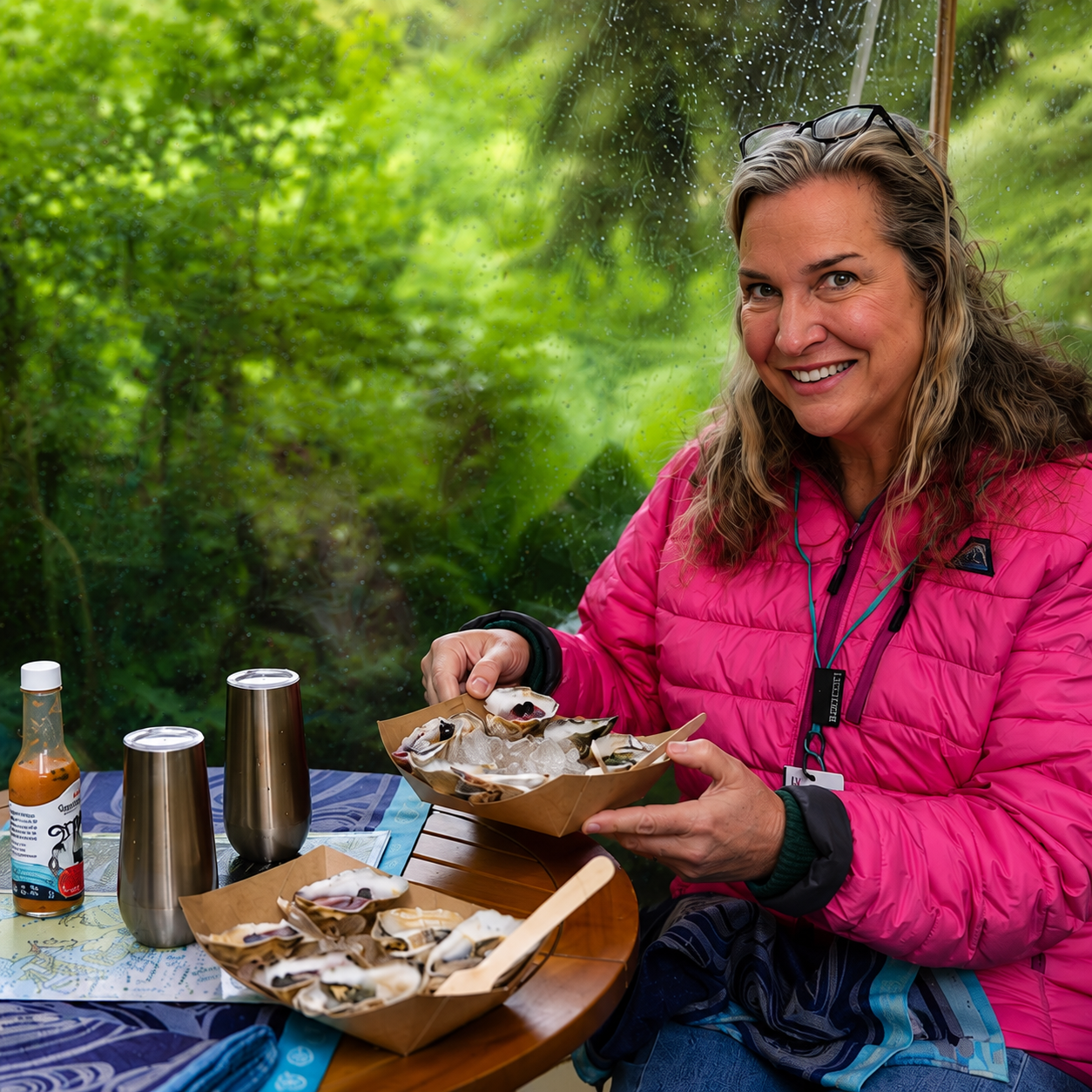 April eating fresh oysters riverside in Klawock Alaska