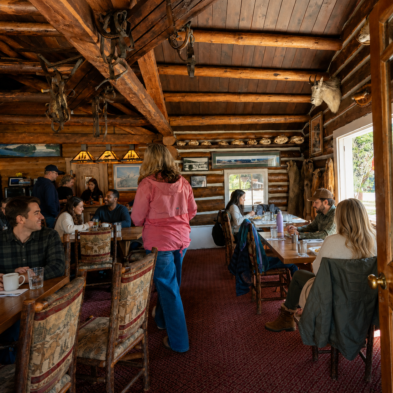 Rustic dining room at Taku Glacier Lodge set for the wild salmon feast during the Juneau seaplane excursion
