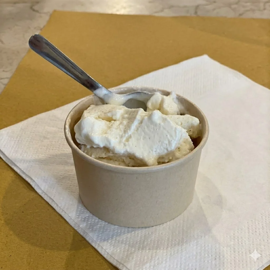 Finished gelato with spoon ready to taste at Verona Italy gelato making class