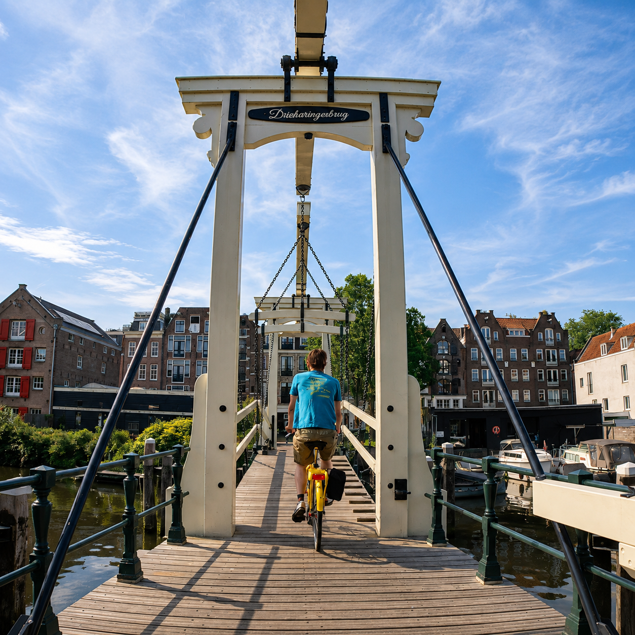 Historic drawbridge over an Amsterdam canal along the bike tour route