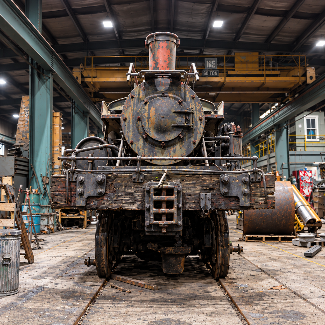 Weathered Shay steam locomotive inside the engine repair shop at Cass Scenic Railroad State Park, West Virginia