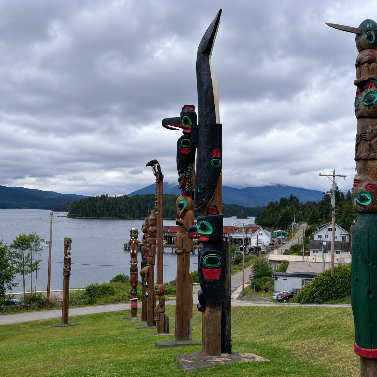 Totem poles at Klawock Totem Park on Prince of Wales Island, Alaska