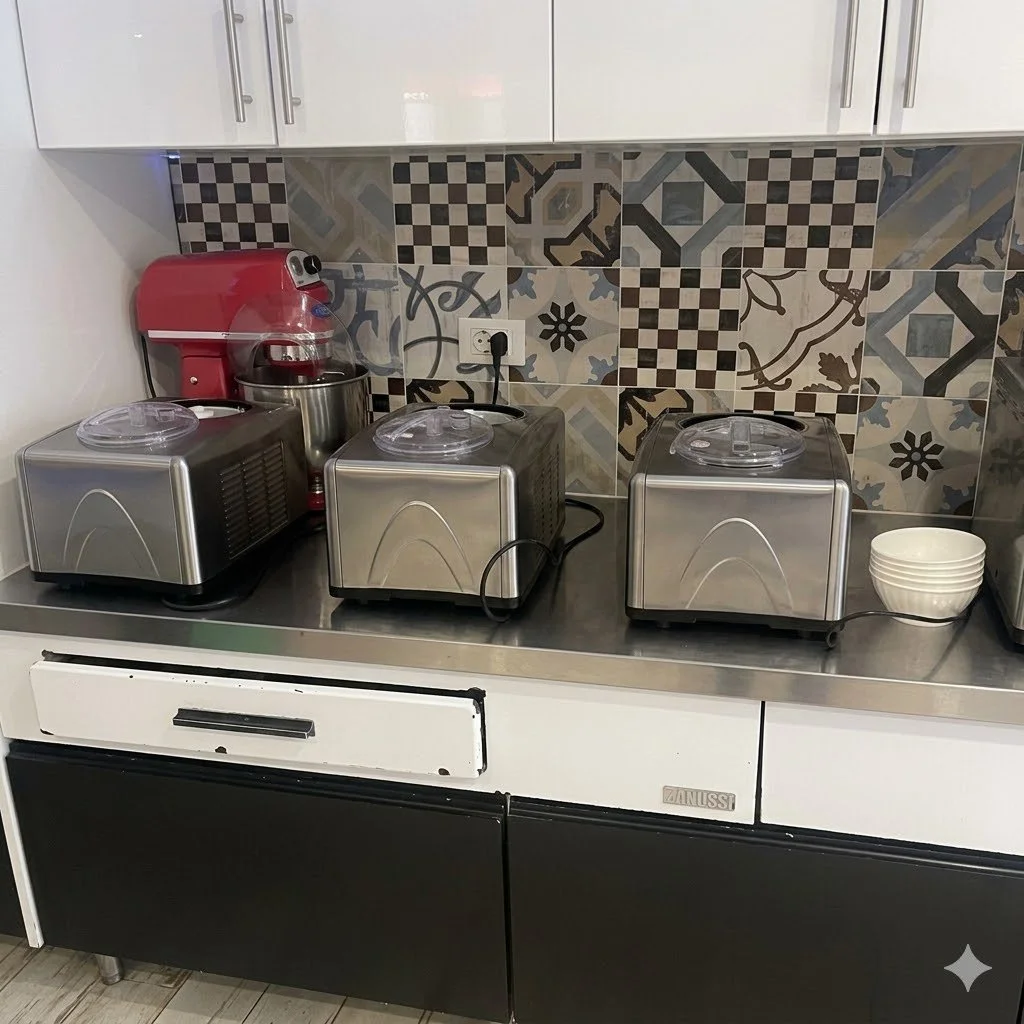 Three home-style stainless steel gelato machines used in the Verona Italy gelato making class