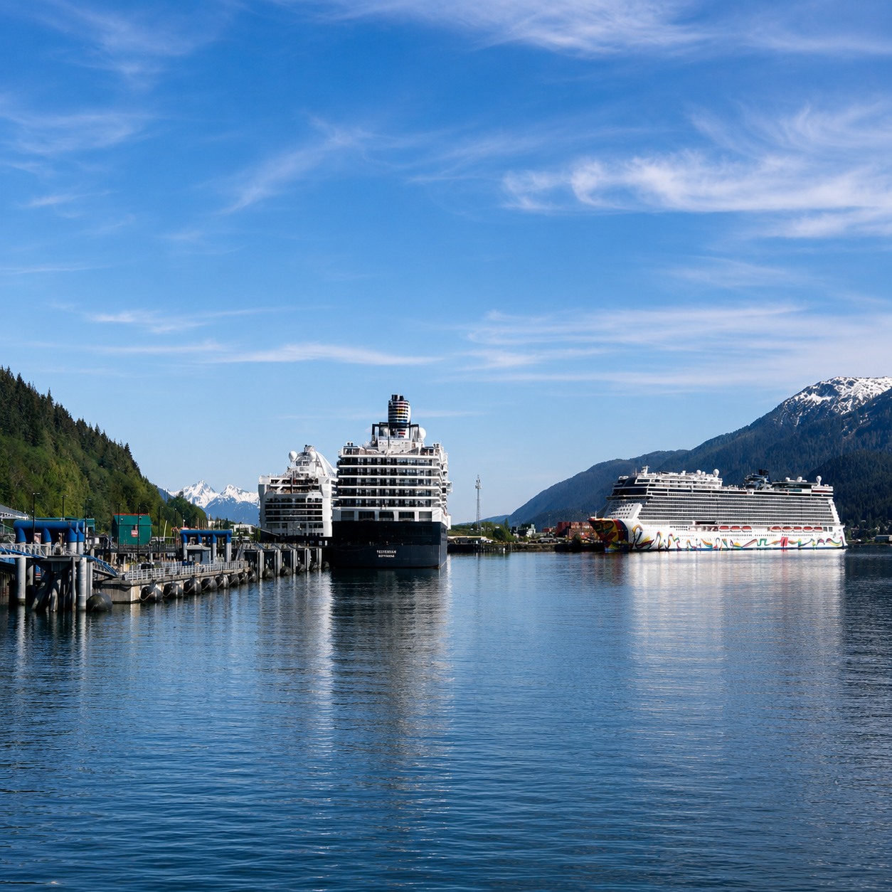 Cruise ships in the Juneau, Alaska harbor framed by mountains on a Holland America cruise