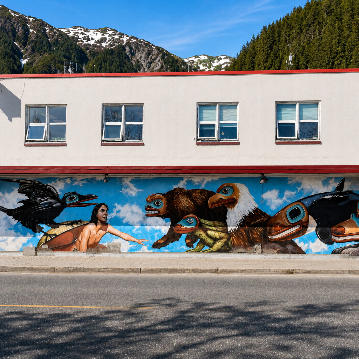 Alaska Native mural and street art on a Juneau, Alaska street with mountains behind