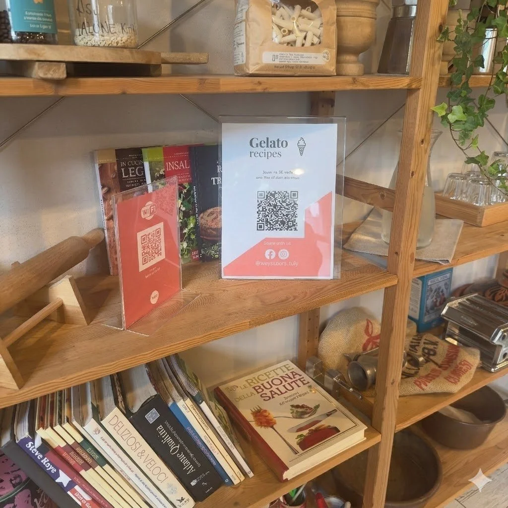 Gelato recipe QR code card displayed on wooden shelf at Verona Italy cooking class