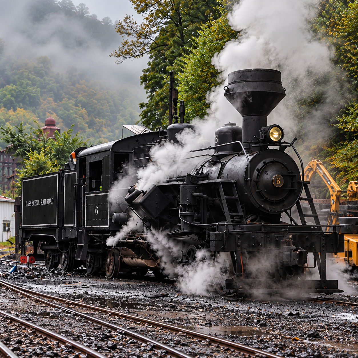 Cass Scenic Railroad steam locomotive in morning fog at Cass Scenic Railroad State Park, West Virginia