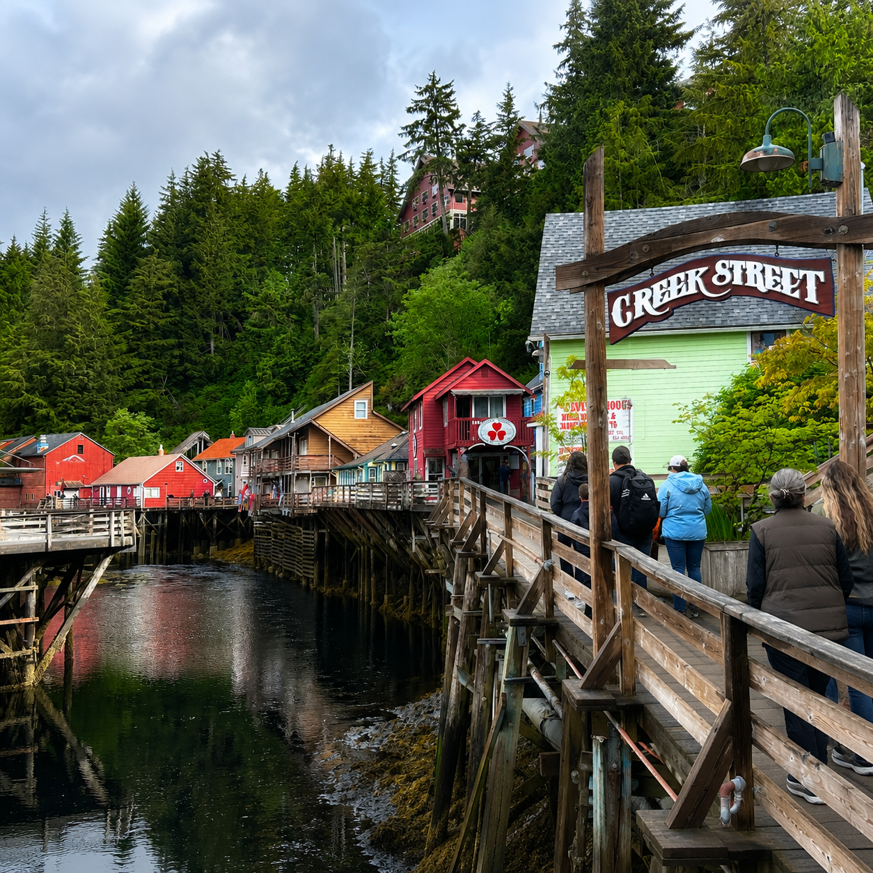 Creek Street boardwalk built over the water in Ketchikan Alaska