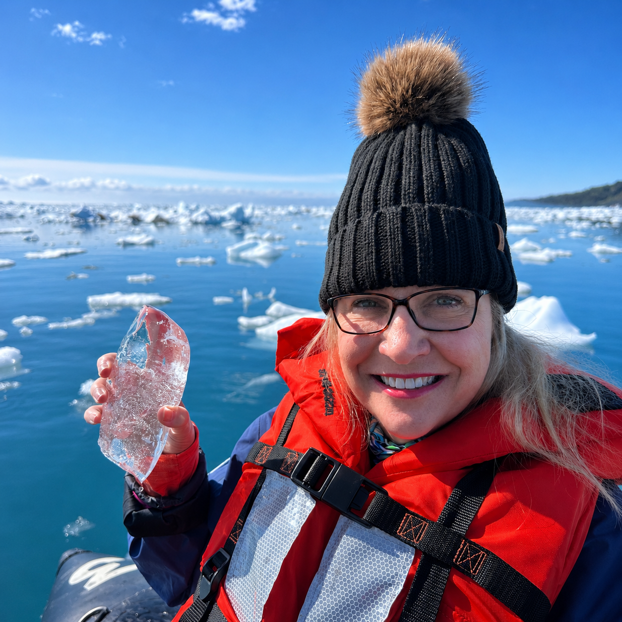 April holding a piece of glacial ice in Icy Bay Alaska