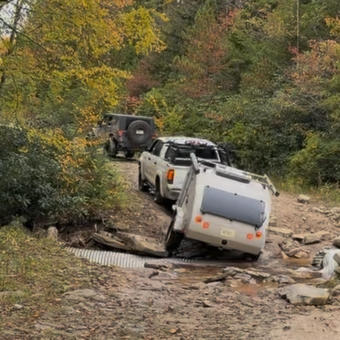 Escapod Topo 2 teardrop trailer in tow on the off-road Dawson's Pass trail in the Monongahela National Forest, West Virginia