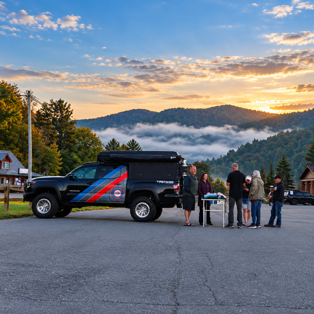 Overland rigs gathering at check-in with The Overlander Project on the first morning of Expedition Monongahela in the West Virginia mountains